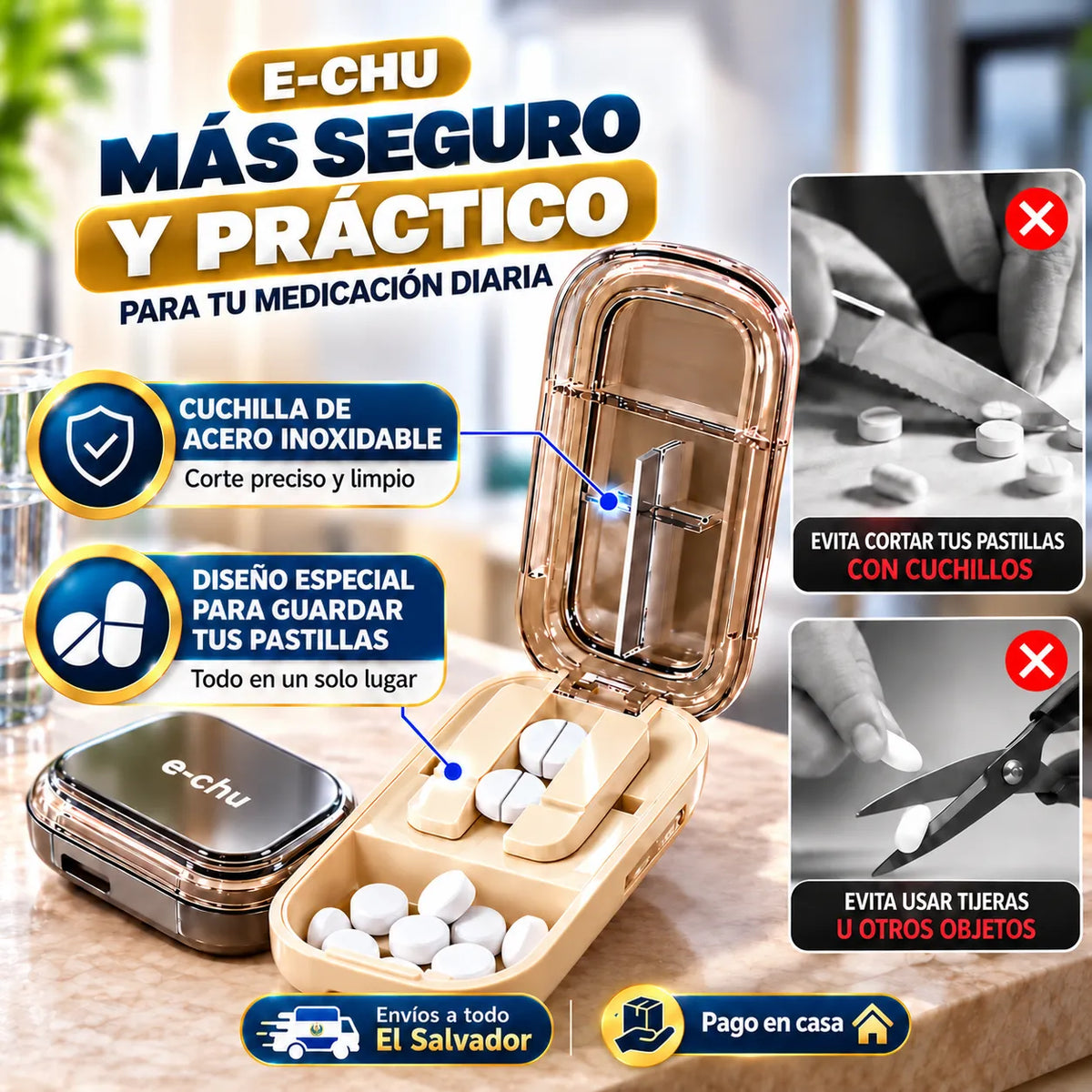E-CHU™: Tu cortador y organizador de pastillas portátil.