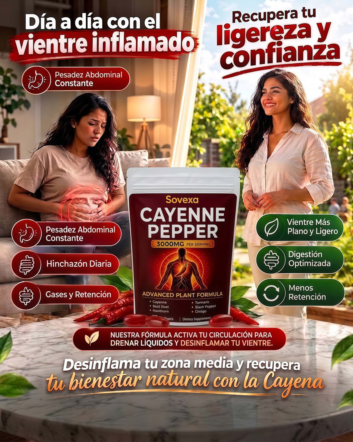 Sovexa Cayenne Pepper – Cápsulas para Desinflamar y Aliviar la Hinchazón (60 Cápsulas)
