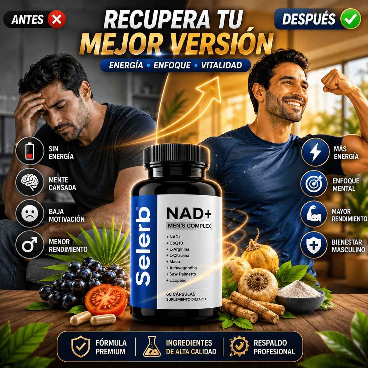 Selerb NAD+® Rendimiento Masculino, No esperes más, mejora tu rendimiento diario ahora