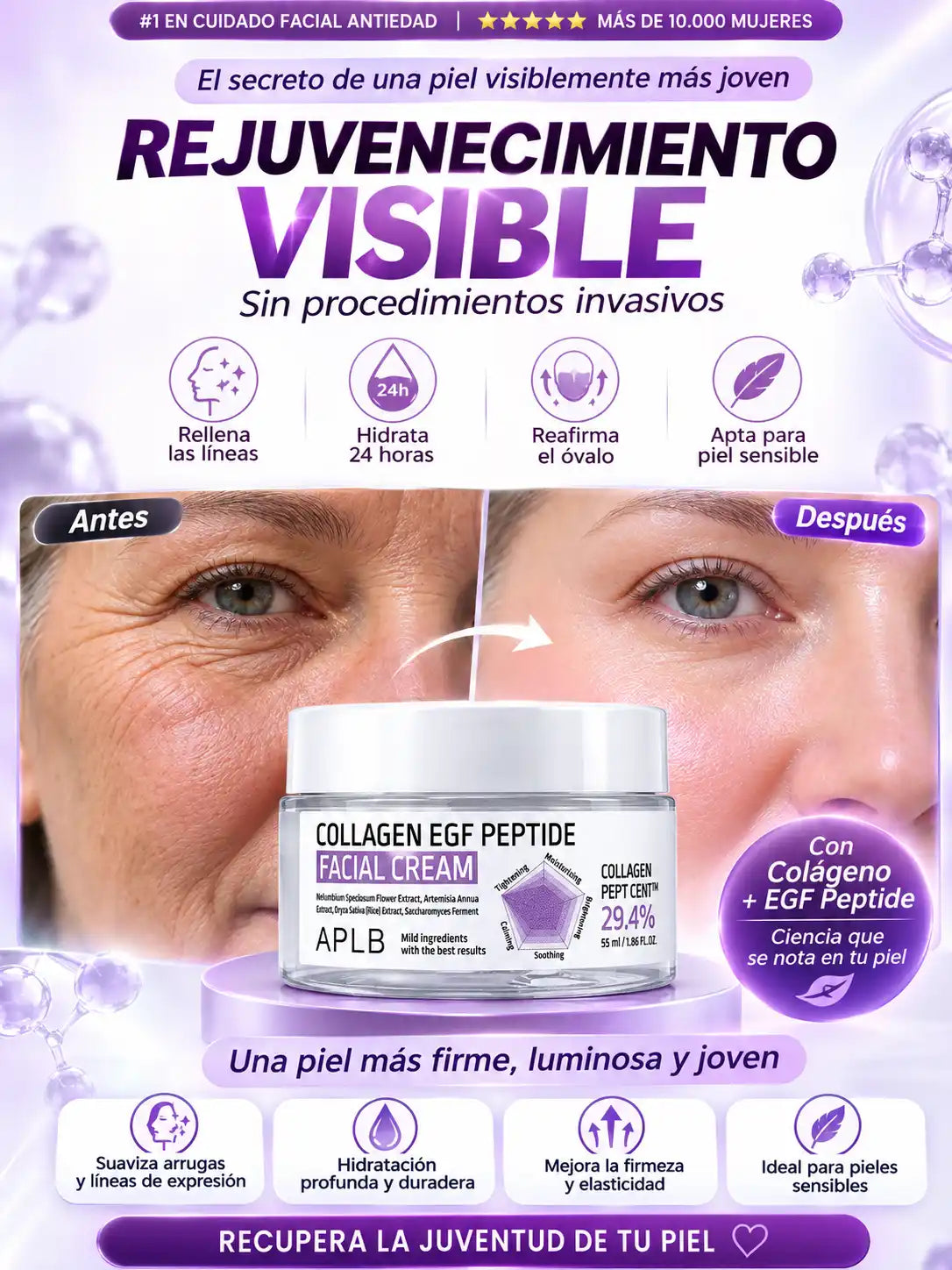 Crema de Colágeno + EGF Rejuvenece Tu Rostro Desde la Primera Semana