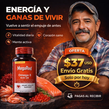 MegaRed Omega-3: Energía y Vitalidad Como a los 20 · Oferta $37 USD Envío Gratis